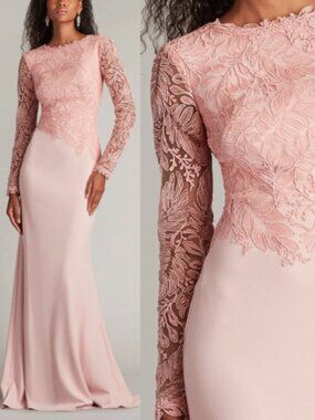 NWT tadashi shoji Caliste Embroidered Crepe Gown Dress Adobe Blush Size 16